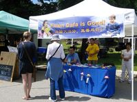 thumb Practitioners introduce Falun Gong to visitors at the Strawberry Festival in Kimmswick, Missouri.