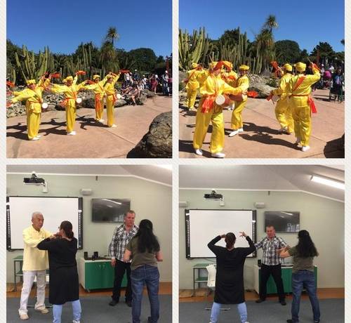 Waist drum performance and exercise demonstration, attracting visitors to try the Falun Gong exercises on the spot.