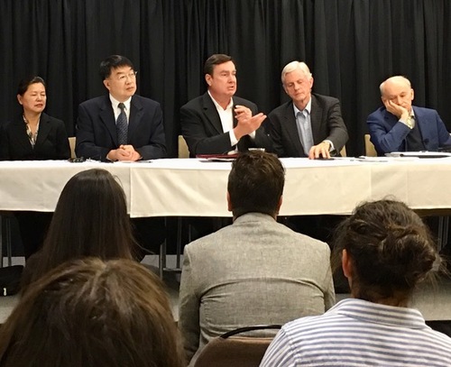 Panel members at San Diego State University, November 1, 2017, (L to R): Ms. Grace Huiying Li, Dr. Shizong Chen, Senator Joel Anderson, Hon. David Kilgour, and David Matas. California State Senator Joel Anderson (center) speaks about the importance of getting SJR 10 back on the Senate floor. He said, “We cannot tolerate interference from a communist foreign power with the state legislature.”