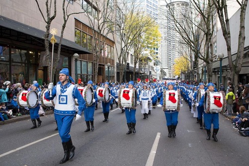 Tian Guo Marching Band performs in Macy's Thanksgiving Day Parade in Seattle on November 24, 2017.