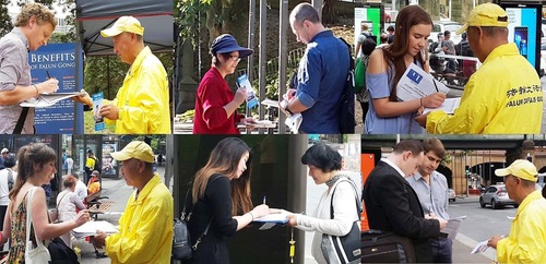 People read Falun Gong materials and sign the petition to support the practitioners’ efforts.