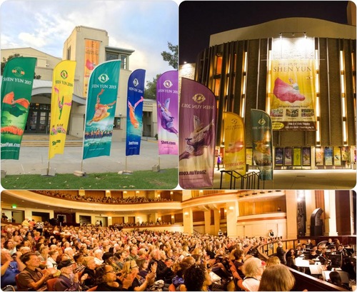 The Shen Yun New York Company performed seven sold-out shows at two theaters in San Diego County, California, between January 30 and February 4, 2018. Upper left: the California Center for the Arts in Escondido. Upper right: the San Diego Civic Theatre in San Diego. Bottom: Shen Yun's performance at the San Diego Civic Theatre on the evening of January 30.