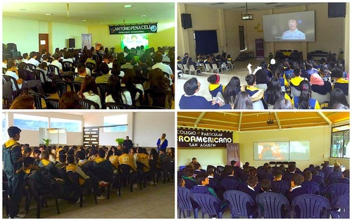 Screenings of Free China: The Courage to Believe. More than 120 audience members at Unidad Educativa Antonio Peña Celi (upper left), Liceo de Loja (upper right), more than 100 audience members at Eugenio Espejo Private School (lower left), and Eugenio Espejo Private School (lower right).