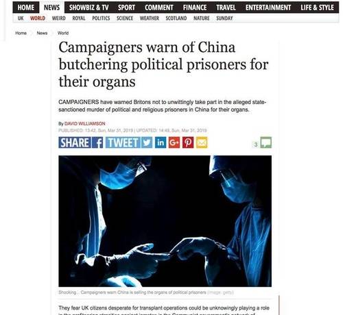 An article in the Sunday Express on March 31, 2019, exposing the forced organ harvesting in China.