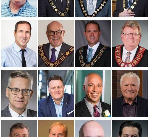 First row (from left): Steve Clarke (Orillia mayor), Aldo DiCarlo ( Amherstburg mayor), Dan Carter (Oshawa mayor), Gord Krantz (Milton mayor). Second row: Josh Matlow (Toronto councilor), Gary McNamara (Tecumseh mayor), Walter Sendzik (St. Catharines mayor), Ed Holder (London mayor). Third row: Andrew Keys (Markham councilor), Mike Savage (Halifax mayor), Jason Farr (Hamilton councilor), Wayne Campbell, Niagara Falls councilor). Fourth row: Bob Kwapis (Newmarket councilor), Jamie McGarvey (Parry Sound mayor), Brad Bradford (Toronto councilor), Jeff Lehman (Barrie mayor).