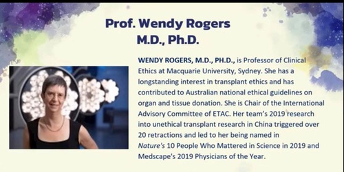 Wendy Rogers spoke at a forum hosted by the International Coalition to End Transplant Abuse in China (ETAC) on February 24, 2021.