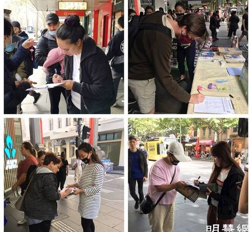 Passersby sign petitions in Melbourne Chinatown calling to stop the persecution of Falun Gong in China.