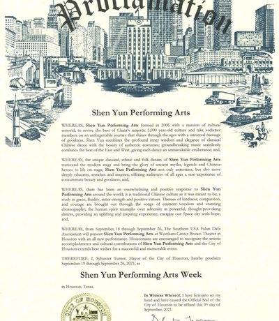 Mayor Sylvester Turner issued a proclamation for Shen Yun Performing Arts.