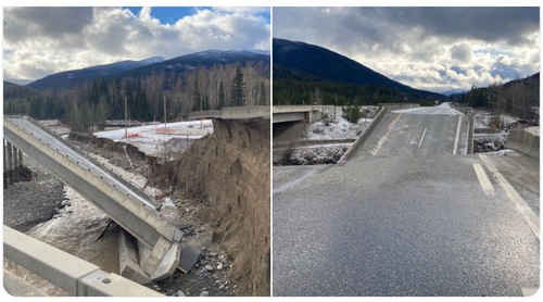 Pictures posted on social media on November 18 by the Department of Transportation of British Columbia, Canada, shows that mudslides washed away the section of road near Exit 202 of Highway 5 in the province.