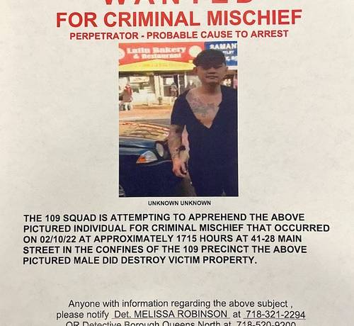 Wanted poster issued by NYPD for suspect Buqiu Zheng for repeatedly attacking Falun Gong booths from February 10-15. (Photograph provided by the police)