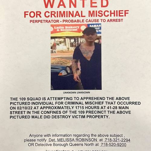 Wanted poster issued by NYPD for suspect Buqiu Zheng for repeatedly attacking Falun Gong booths from February 10-15. (Photograph provided by the police)