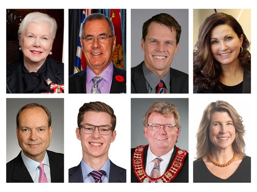 Elected officials issued letters or videos. From left to right top row: Elizabeth Dowdeswell, Lieutenant Governor of Ontario; Russell Mirasty, Lieutenant Governor of the Province of Saskatchewan; Charlie Clark, Mayor of the City of Saskatoon; and Sandra Masters, Mayor of Saskatchewan. From left to right bottom row: Peter Bethlenfalvy, Member of the Provincial Parliament (MPP) of Ontario; Sam Oosterhoff, MPP of Ontario; Ed Holder, Mayor of the City of London, Ontario; and Kate Rogers, Mayor of Fredericton, New Brunswick.