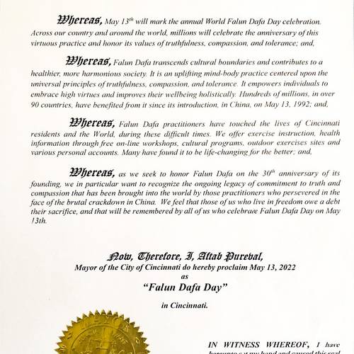 Proclamation from Mayor Aftab Pureval of Cincinnati.