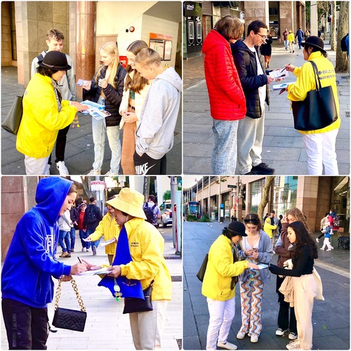 Passersby listen as practitioners tell them about the persecution.