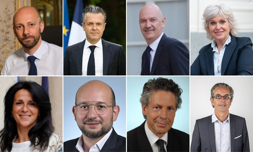 Top row left to right: Stanislas Guerini, Minister of Public Transformation and Service; Christophe Béchu, Minister for Ecological Transition and Cohesion of the Territories; Roland Lescure, Minister Delegate for Industry; Isabelle Lonvis-Rome, Minister for Gender Equality, Diversity and Equal Opportunities.

Bottom row left to right: Chrysoula Zacharopoulou, Minister of State for Development, Francophonie and International Partnerships; Ludovic Mendes, Member of the National Assembly for Moselle's 2nd constituency; Alain Suguenot, Deputy Mayor of Beaune, a city in eastern France; and Jean-Jacques Puyobrau, Vice-President of Bordeaux Metropolitan in southern France.