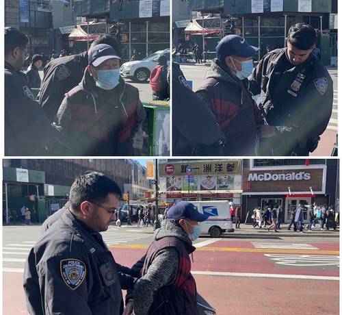 On February 18, 2023, at around 11 a.m. New York time, police officers arrested Zhongping Qi, who had attacked Falun Gong practitioners. They handcuffed him and took him away in a police car. (Photo supplied by Falun Gong practitioners)