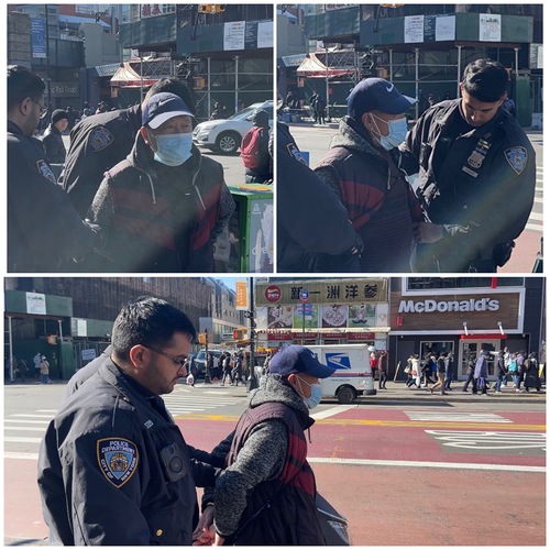 On February 18, 2023, at around 11 a.m. New York time, police officers arrested Zhongping Qi, who had attacked Falun Gong practitioners. They handcuffed him and took him away in a police car. (Photo supplied by Falun Gong practitioners)