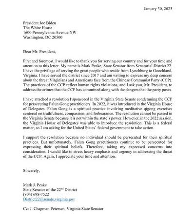 Letter written by Virginia State Senators, Mark Peake and Chapman Petersen, to President Biden.