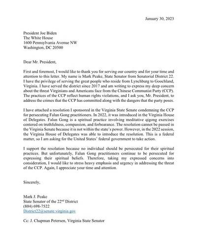 Letter written by Virginia State Senators, Mark Peake and Chapman Petersen, to President Biden.