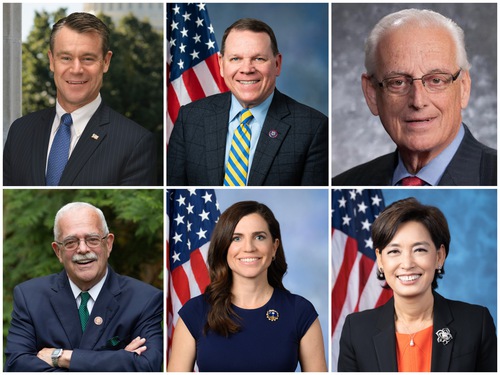 From left to right in the top row: Senator Todd Young, Congressman Sam Graves, and Congressman Bill Pascrell. 

From left to right in the bottom row: Congressional Members Gerald Connolly, Nancy Mace, and Young Kim (Composite image by Minghui.org)