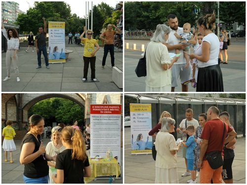 Practitioners hand out information about Falun Dafa near the entrance to the Children’s Town in Bucharest on July 29, 2023.