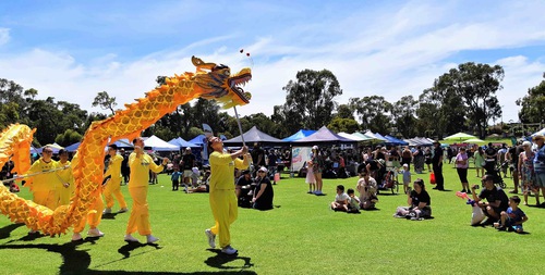 The practitioners’ dragon dance team performs.