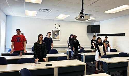 Students learn the Falun Dafa exercises at the annual Global Language and Cultures Awareness Week at La Salle University on April 15.
