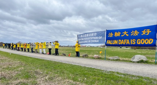 Falun Gong practitioners held a rally and did the exercises outside the Chinese embassy on April 20, 2024 to commemorate the 25th anniversary of the peaceful April 25 Appeal.