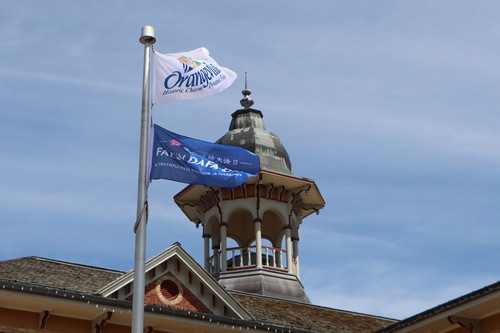 The Falun Dafa flag flies in front of Orangeville City Hall.