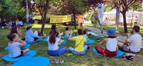 People learn the Falun Dafa exercises at the Environment Festival.