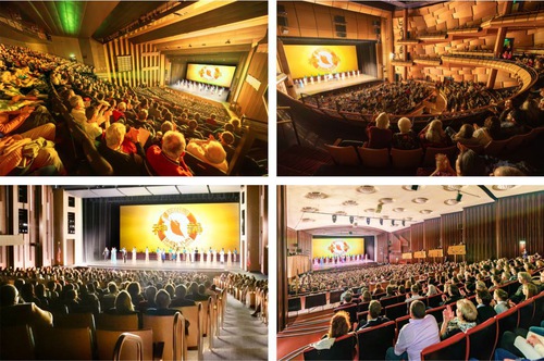 During the past week, Shen Yun’s touring companies performed to full houses in Australia, Europe, and the United States. Top left: Shen Yun New Era Company at a full house at the Palais des Congrès de Tours in Tours, France, on February 12. Bottom left: Shen Yun New World Company at a packed house at the added performance at the CFISD Visual and Performing Arts Center in Houston, Texas, on February 15. Top right: Shen Yun North America Company at a packed house at the Ikeda Theatre at Mesa Arts Centre in Mesa, Arizona, on the evening of February 12. Bottom right: Shen Yun International Company at a full house at the Stadthalle Mülheim an der Ruhr – Theatersaal in Mülheim an der Ruhr, Germany, on February 14. (Minghui.org)