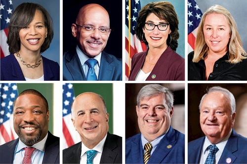 Top row from left: Lisa Blunt Rochester, Senator from Delaware; Vicent Hughes, Senator from Pennsylvania; Mary Isaacson and Mandy Steele, members of House of Representatives from Pennsylvania; Bottom row from left: Kenyatta Johnson, Council President of the Philadelphia City Council; Mark Squilla, a city council member; Patrick J. Catena, County Executive of Allegheny County, Pennsylvania; and Bob Macey, a county council member.