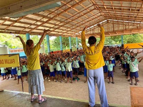 Primary school students in the Solomon Islands learn the exercises.